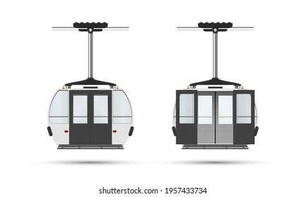 Realistic funicular cabin with open and closed doors vector illustration. Modern cableway resort transportation for travel fast movement isolated on white. Lift on rope vehicle for sightseeing