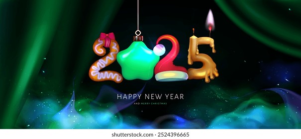 Realistic funny design from numbers  in the shape сolorful decorations for New Year and Merry Christmass postcard for 2025. Scene with royal luxurious green silk draperies. Blue smoke background 