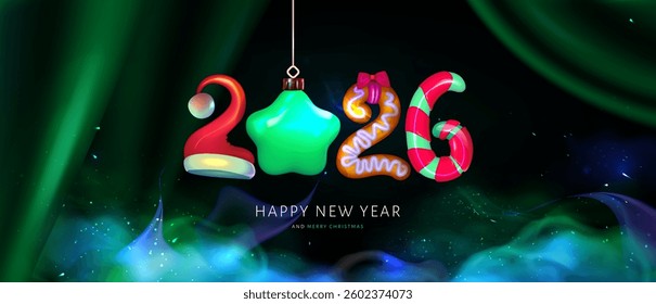 Realistic funny design from numbers  in the shape сolorful decorations for New Year and Merry Christmass postcard for 2026. Scene with royal luxurious green silk draperies. Blue smoke 