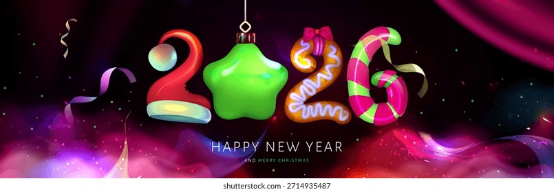 Realistic funny Rainbow multicolored design from numbers in the shape сolorful decorations for Happy New Year 2026 Festive Banner with Colorful Christmas Ornaments