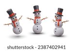 Realistic funny snowman in different positions. Winter character in clothes with carrot nose and stick hands. Isolated vector illustration in cartoon style