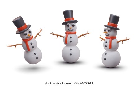 Realistic funny snowman in different positions. Winter character in clothes with carrot nose and stick hands. Isolated vector illustration in cartoon style