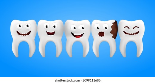 Realistic funny teeth with facial expressions. Smiling white teeth in a row including one scared tooth with caries. 3D vector illustration of happy dental icons isolated on a blue background