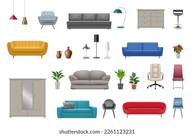 Realistic furniture. Sofas chairs wooden modern wardrobe beds decent vector templates set