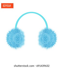 Realistic furry winter headphones blue color isolated on white. Vector illustration