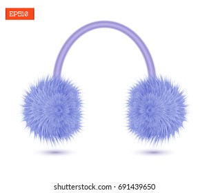 Realistic furry winter headphones purple color isolated on white. Vector illustration