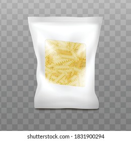 Realistic fusilli pasta pack mockup - Italian food in white plastic bag with clear window showing curly raw macaroni isolated on transparent background. Vector illustration.