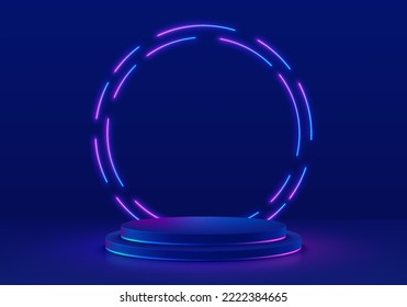 Realistic futuristic 3D background, Dark blue cylinder pedestal podium with glowing circle neon lighting line. Minimal wall scene for mockup products, Stage showcase, Promotion display. Abstract room.