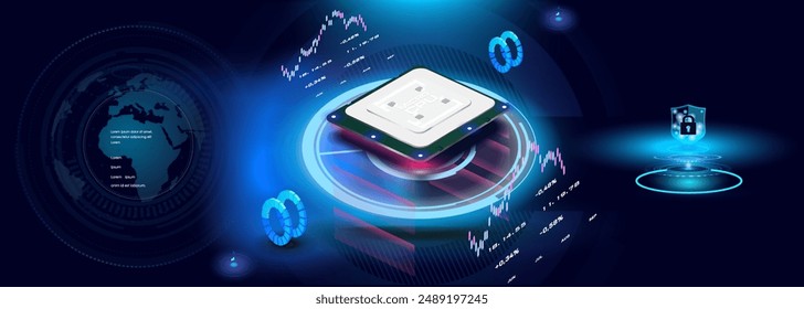 Realistischer futuristischer Prozessor mit Neonglühen. Leistungsstarker Prozessor der Präsentationsgeneration. Moderne Computertechnologien und Entwicklungen. Concept Banner mit Prozessor und holografischem Sicherheitsschild