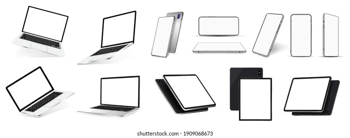 Realistic gadgets and devices mockups - 3D realistic smartphones, tablets and laptops in a variety of angles. Isometric, frontal, perspective. Gadgets template set. Mobile Phone, PC, Notebook Mockups