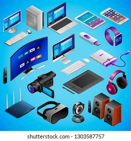 Realistic gadgets, digital devices, pc, tech in isometry isolated on blue background. Big vector set of isomectric devices: camera, webcam, smartphone, laptop, smartwatch, virtual reality glasses