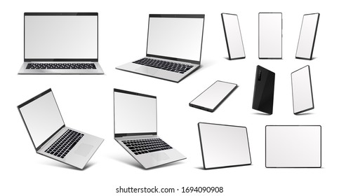 Realistic gadgets. Laptop, tablet PC and mobile phone devices mockup, 3D digital gadgets with blank screen in isometric perspective. Vector illustration mobile device at different angles