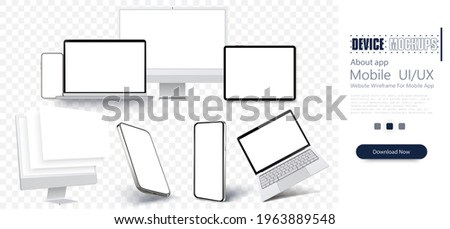 Realistic gadgets. Laptop, tablet PC and mobile phone devices mockup. Device UI,UX mockup for presentation template. Cellphone frame with blank display isolated templates, phone different angles views