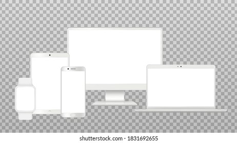 Realistic gadgets mockup. Tv screen, laptop smartphone isolated templates. White modern devices vector set