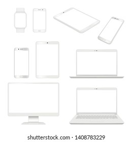 Realistic gadgets. Monitor smartphone laptop and tablet blank notebook vector mockup computer devices. Illustration of smartphone and tablet, computer and notebook, display of mobile