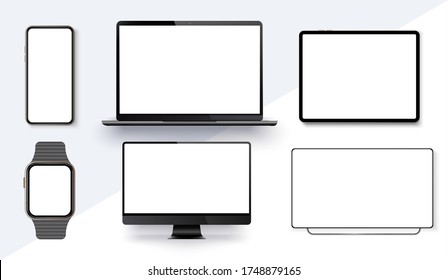 Realistic gadgets. Monitor smartphone laptop,tablet, tv, watch clock blank notebook mockup computer devices. 3D vector illustration Vector collection gadgets, Mockups to showcase your web-site design