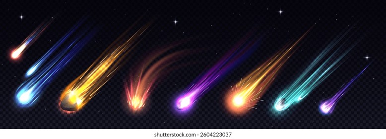 Realistic galaxy space comets, meteors and asteroids, vector 3d shooting stars and meteor showers themes. Realistic comets, stars, meteors and asteroids falling down with light trails, fire flame tail