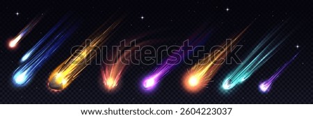 Realistic galaxy space comets, meteors and asteroids, vector 3d shooting stars and meteor showers themes. Realistic comets, stars, meteors and asteroids falling down with light trails, fire flame tail