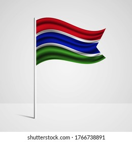 Realistic Gambia country flag waving in wind. Abstract country flag with flagpole isolated on grey background