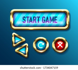 Botones de juego realistas sobre fondo azul. Colección de diseños de gui móviles. Controles de navegación de interfaz de usuario, ilustraciones vectoriales