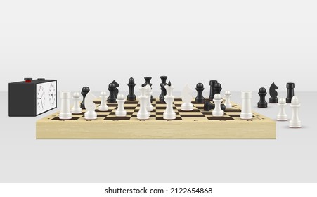Realistic game of chess challenge on wooden board with timer watch vector illustration. Chessboard match intelligence gaming competition success strategy tournament with figure isolated on white
