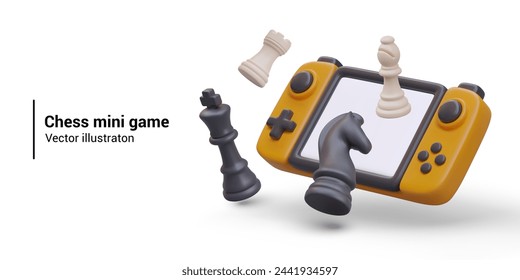 Realistic game console with blank screen, black and white chess pieces