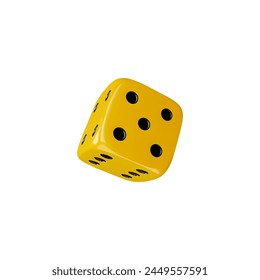 Realistic game dice falling 3d vector illustration. Yellow round edges cube with black dots. Fortune symbol isolated on white. Gambling games design, casino, craps and poker, tabletop or board games