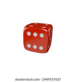 Realistic game dice falling 3d vector illustration. Red cube with white dots. Fortune symbol with six dots on front. Gambling games design, casino, craps and poker, tabletop or board games