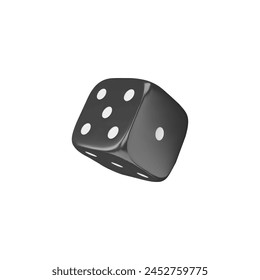 Realistic game dice falling 3d vector. Black cube with white dots render isolated. Gambling games design, casino and betting, craps and poker, tabletop or board games. Fortune symbol