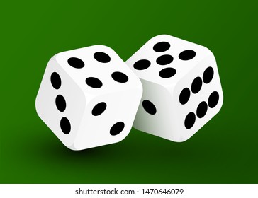 Realistic game dice icon in flight closeup isolated on green background. Casino gambling design template for app, web, infographics, advertising, mockup. Vector illustration