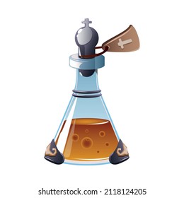 Realistic game icon with alchemic magic potion in glass bottle vector illustration