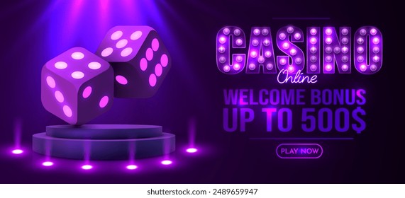 Realistic game neon dice with podium. Casino gambling design template  banner web, advertising, mockup. Vector illustration