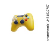 Realistic gamepad 3D plastic style vector icon. Game wireless controller gamepad, yellow game joystick. Portable video game equipment with buttons. Handheld gadget device for entertainment