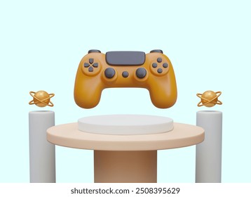 Realistic gamepad on pedestal. Horizontal template with columns and golden planets