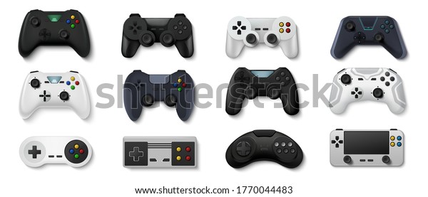 Realistic gamepads. Play\
console and PC games and stay at home concept, 3D video game\
controllers. Vector illustration icon set of gaming devices for\
computer console