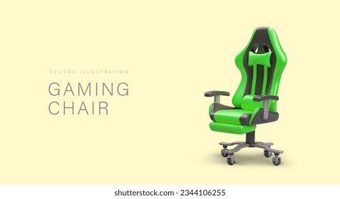 Realistic gaming green chair. Furniture on wheels. Luxurious ergonomic armchair for working at computer. User comfort. Concept for gaming equipment store