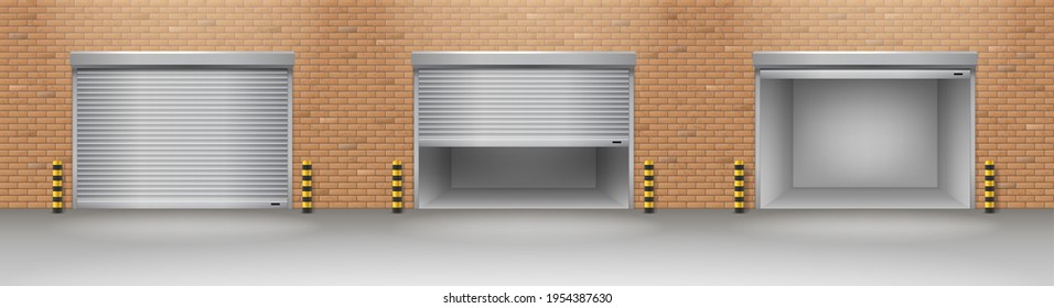 Realistic garage doors on brick wall. Modern opening and closed garage gates on automatic shutter and roller technology. 3d vector illustration