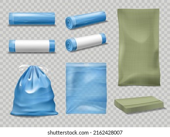 Realistische Müll- und Trümmersäcke 3D-Vektorgrafik. Kunststoffverpackungen mit Saiten, blau und grün gerollt oder voll Säcken. Einzeln realistische, leere Müllbeutel-Verpackungen, Einwegpackungen für den Haushalt, Modell-Muster