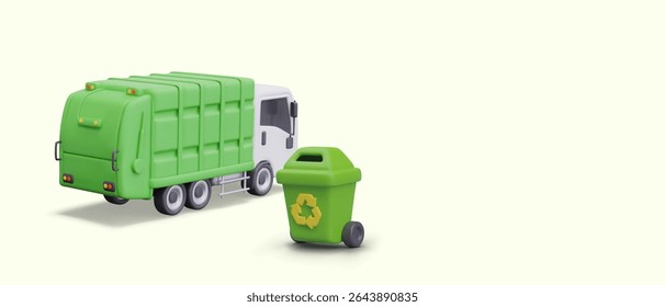 Caminhão de lixo realista, lata de lixo verde com sinal de reciclagem. Conceito de triagem de resíduos, atitude cuidadosa com os recursos secundários. Layout horizontal em plano de fundo amarelo
