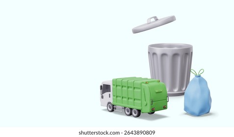 Caminhão de lixo realista, contêiner de metal, saco de lixo amarrado. Composição vetorial sobre fundo colorido. Transportes municipais. Lugar para texto, oferta, preço de serviço