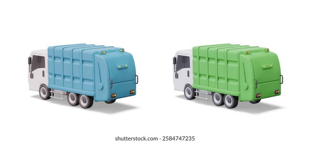 Realistic garbage truck, rear view. Modern vehicle for communal services. Elements for concepts of garbage disposal and recycling. Set of isolated models of different colors