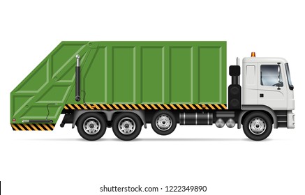 Realistic garbage truck vector mockup. Isolated template of dump lorry on white background for vehicle branding, corporate identity. View from right side, easy to editing and recolor. svg