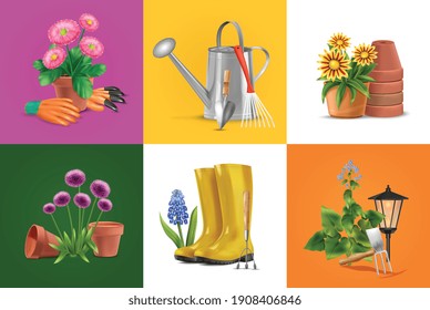 Realistic garden design concept with set of square compositions with flowers in pots waterpot and boots vector illustration