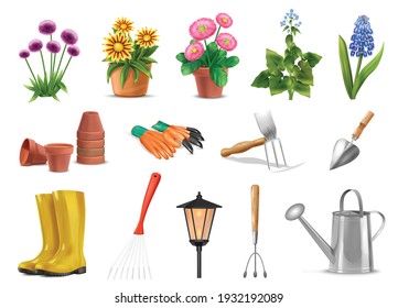 Realistic garden flowers plants and tools set with isolated icons images of gardening equipment and flowers vector illustration