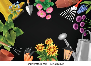 Realistic garden frame composition with empty space surrounded by images of gardening tools and flower pots vector illustration
