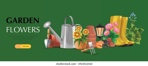 Realistic garden horizontal banner with editable text see more button and images of flowers garden tools vector illustration