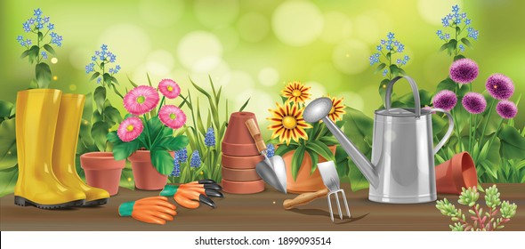 Realistic garden horizontal composition of wooden table with flowers in pots watering can boots and hoe vector illustration