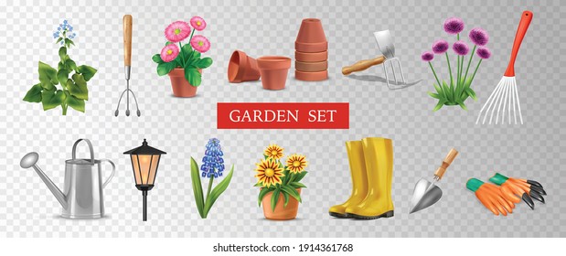 Realistic garden set of isolated icons on transparent background with flower pot and gardening tools images vector illustration