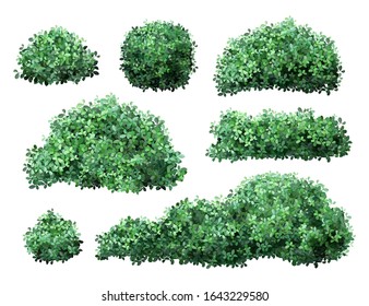 Realistic garden shrub. Nature green seasonal bush, boxwood, floral branches and leaves, tree crown bush foliage. Garden green fence vector illustration set. 3d public park and garden elements
