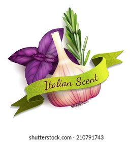Realistic garlic rosemary and basil Italian scent kitchen ribbon badge vector illustration